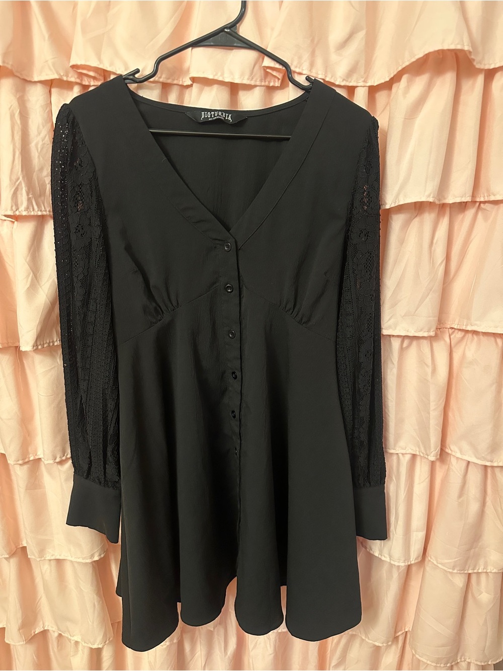 Disturbia Covenant Black Lace Sleeve Button Up Mini Dress Edgy Dark Witchy